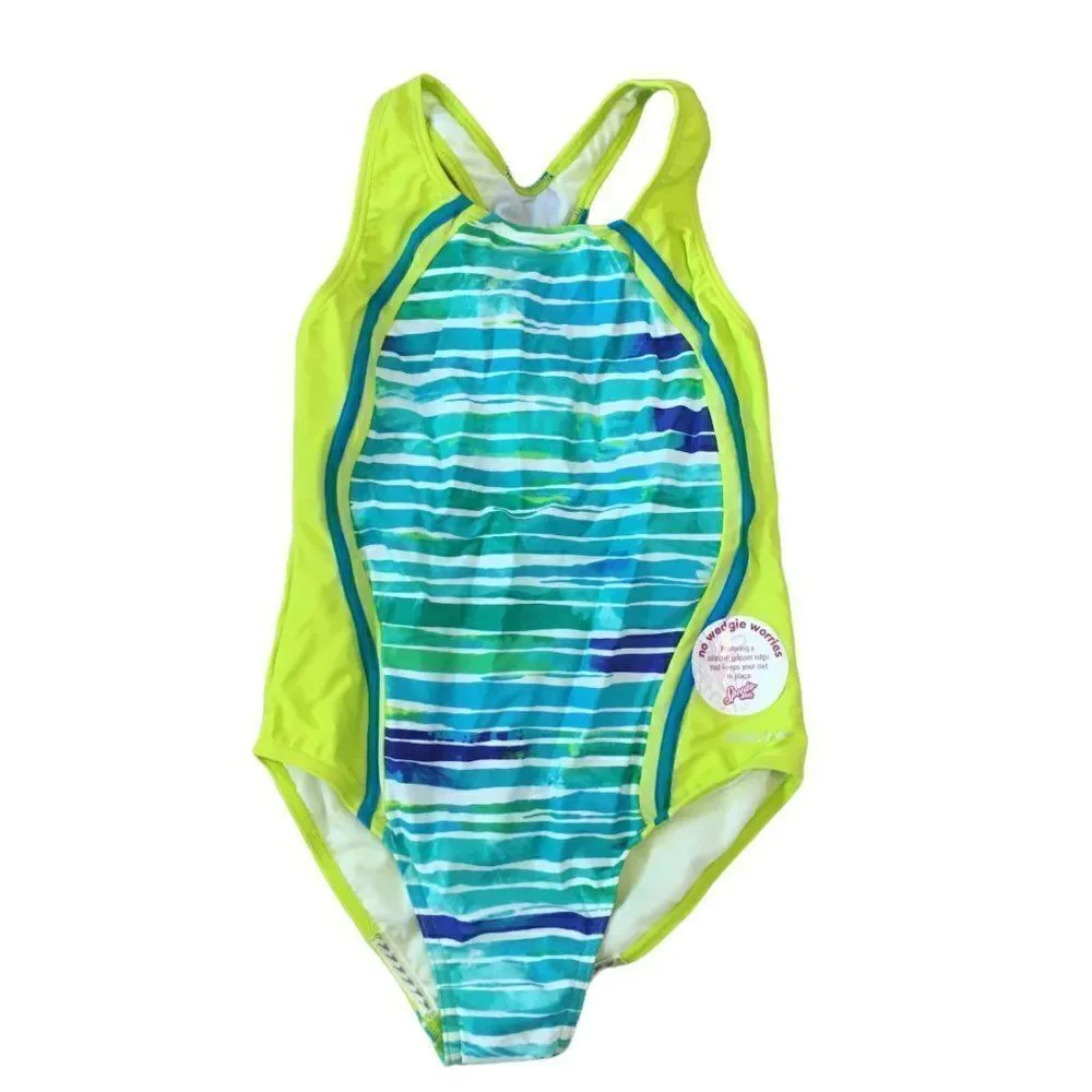 Speedo girls in bright yellow with green and blue stripes